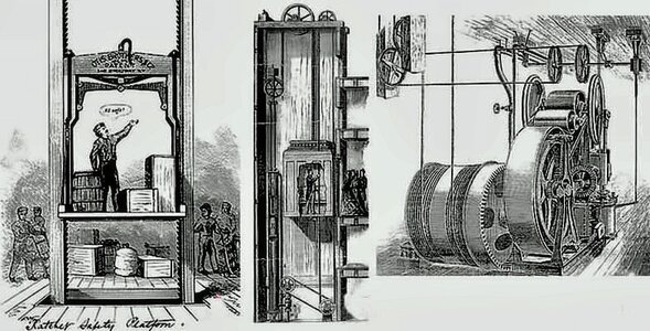 sketch of the otis elevator car, shaft, and machine of the first commercial passenger elevator installed in the 5-story haughwout store in nyc