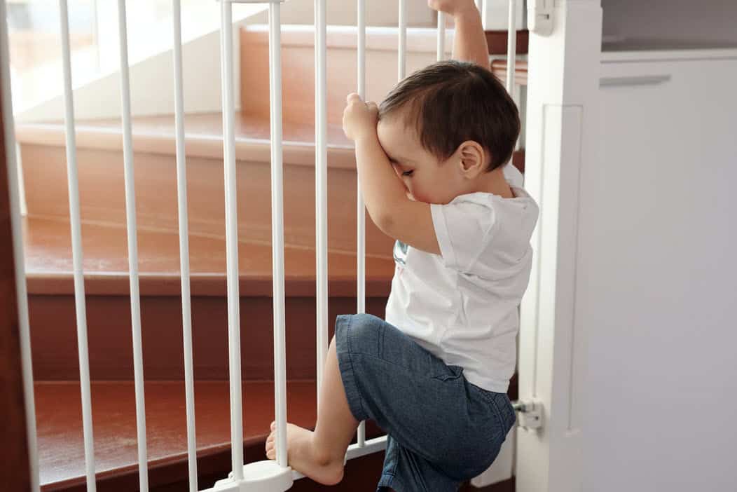 toddler trying to climb kiddie gate on stairs